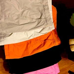 Women’s shorts, five pair ,tan,white,orange, black, and pink